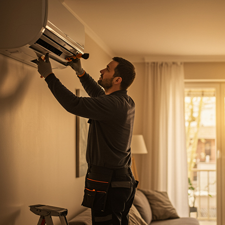Tecnico instalando aire acondicionado en apartamento